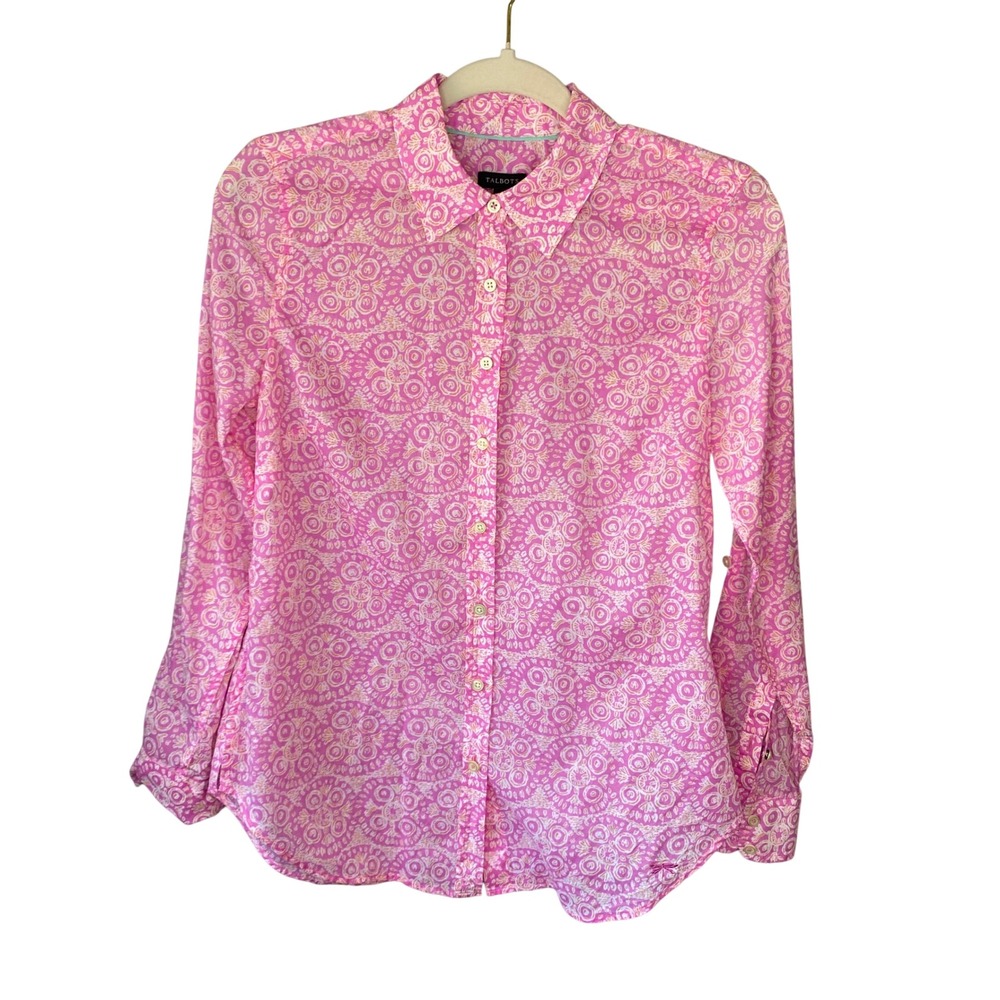 Talbots Womens XS Pink Medallion Print Roll‎ Tab Sleeve Button Front Shirt